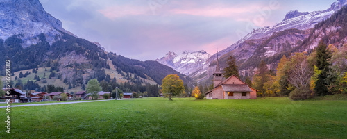 Kandersteg church, sunset mountains, Switzerland