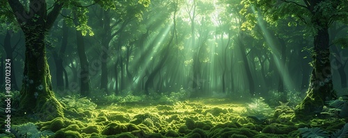 An enchanted glade hidden within a dense forest, where shafts of sunlight filter through the canopy to illuminate the moss-covered ground below. illustration.