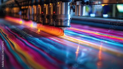 Colorful high-resolution photo of a large format wide-angle vinyl wrap printer in action, printing colorful geometric patterns on fabric and plastic materials