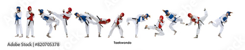 Collage made of two athletic girls in white uniform and protective helmets, training combat sport activity, taekwondo against white background. Concepts of sport, marital arts, defense