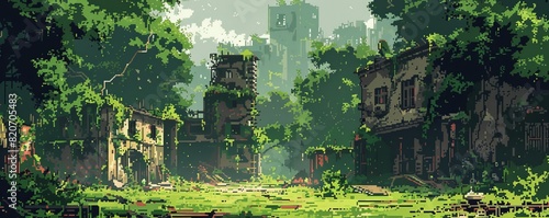 A post-apocalyptic wasteland where the ruins of human civilization are slowly being reclaimed by nature, with vines and moss reclaiming the crumbling buildings and rusted machinery. illustration.