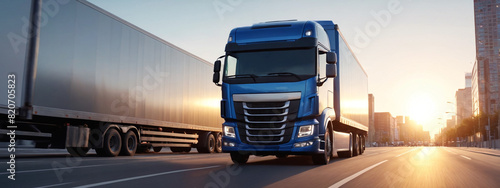 A truck with a trailer drives through the city in the evening, delivering important cargo to businesses. Logistics and international cargo transportation. Truck is driving fast with a blurry environme