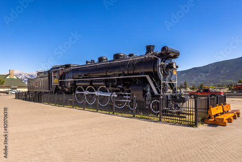 Old Canadian National steam locomotive train in Jasper National Park in Alberta, Canada.