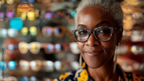 An old smiling black woman tries on glasses in front of a showcase of various eyeglass frames in an optometry shop. elderly lady enjoys the process of choosing eyewear, refined taste and vision needs