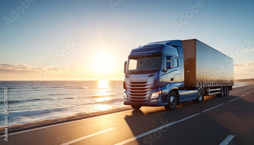 A truck with a trailer is driving along the road at dawn along the ocean or sea. Logistics and international cargo transportation. Truck is driving fast with a blurry environment.