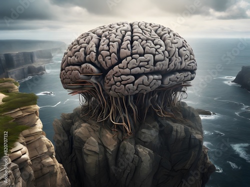 image of a brain overwhelmed by relentless dread, depicting an intense fear of heights