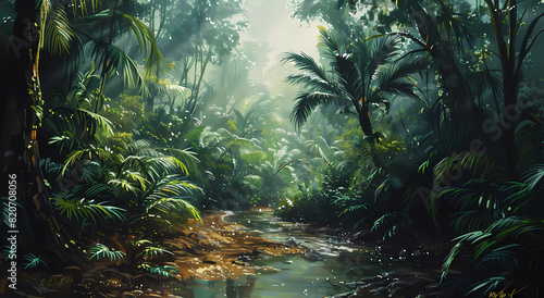 A dense jungle with lush green foliage