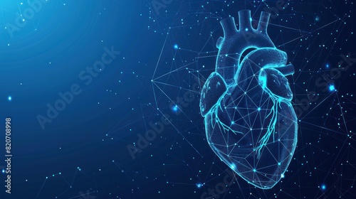 Abstract heart beat form lines and triangles, point connecting network on blue background. 3d medicine model low poly AI generated