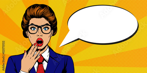 shocked woman with amazed face wow and hand up open mouth in Pop Art Comic Style. Yellow background in pop art style, retro, comic. Banner template design with copy space for sale, discount