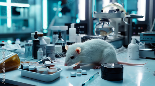 Inhumane scientific tests are foreseen on animals. A white lab rat sits on a table lined with bottles of various cosmetics
