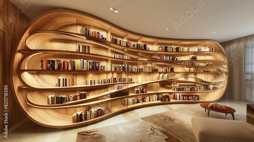 A drawing room with a custom-designed, curved bookshelf that spans an entire wall