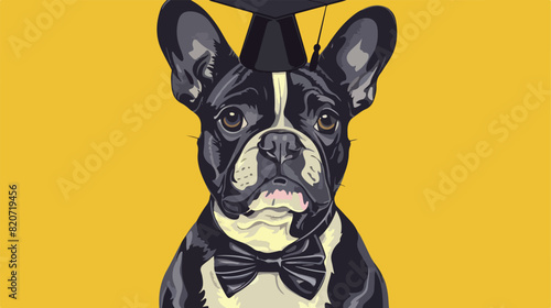 Cute French Bulldog in mortar board and bow tie on yellow