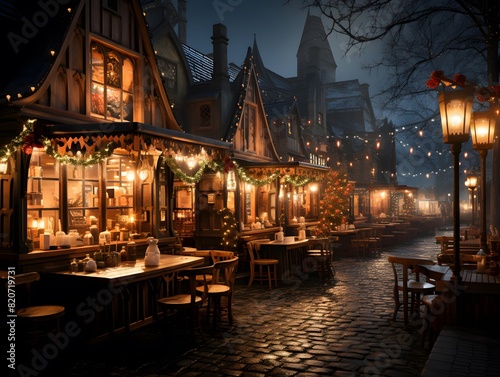 Street cafe in old town of Gdansk at night, Poland
