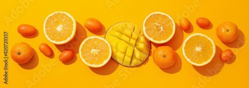 Set of tropical fruit on yellow background, top view