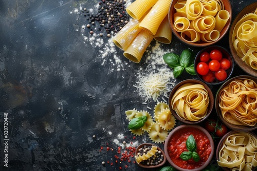 Banner with pasta, tomato paste and basil on black background, top view, copy space