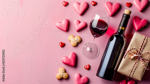 Composition with bottle of wine glass heart shaped coo