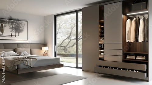 A contemporary bedroom with a sleek, built-in dresser and a hidden, retractable shoe rack