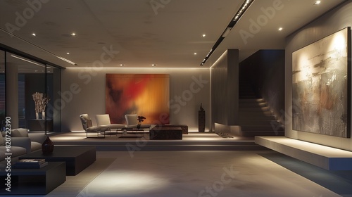 A contemporary drawing room with a sleek, modern art installation and ambient recessed lighting