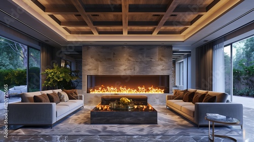 A drawing room with a dramatic coffered ceiling and a modern fireplace surrounded by natural stone