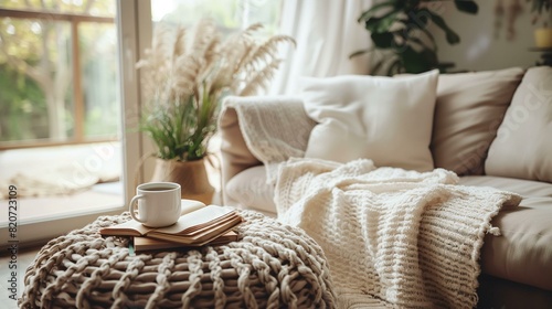 Cozy home interior with neutral colors natural materials textures cup tea on knitted pouf concept slow living conceptrelaxed intentional