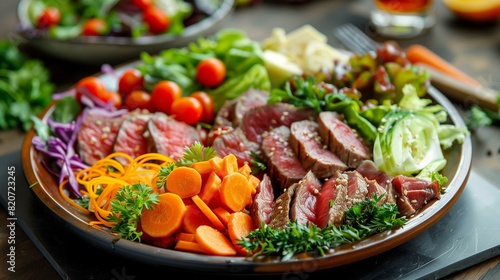Balanced meal beef steak vegetables salad concept low carb diet food