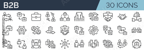 Set of 30 outline icons related to busines to business, b2b. Linear icon collection. Editable stroke. Vector illustration