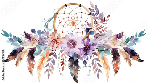 dream catcher with watercolor. feather purple flower