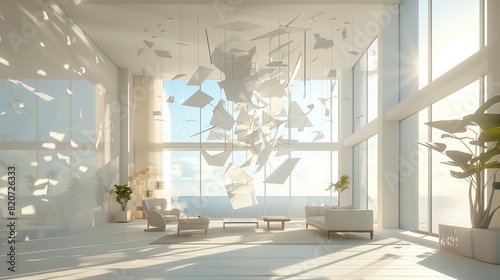 A drawing room with a custom-designed, kinetic art installation that moves with the breeze
