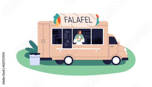 Street food truck, mobile cafe van selling falafel. Vendor at counter of caravan, snack shop on wheels outdoors. Seller in wagon window. Flat vector illustration isolated on white background