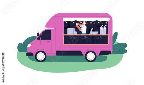Food truck, outdoor bar. Street vendor selling drinks, beverages at caravan counter. Bartender at window of wheeled mobile cafe van, transport. Flat vector illustration isolated on white background