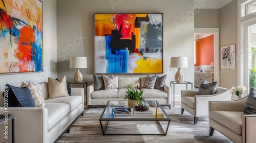 A drawing room with a neutral color palette, accented with vibrant abstract paintings