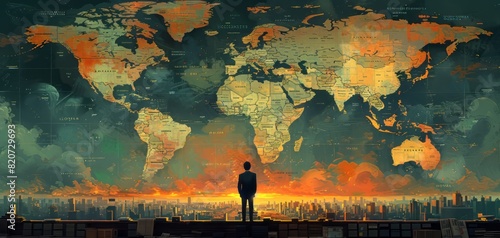Person standing in front of a large world map mural, contemplating global connections and opportunities at sunset, cityscape visible below.