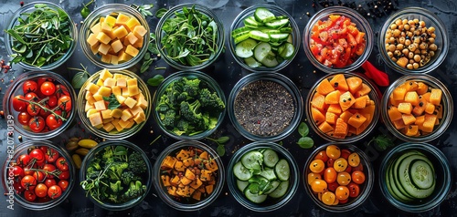 Top view of fresh vegetables and ingredients neatly arranged in glass bowls, featuring vibrant colors and healthy food options.