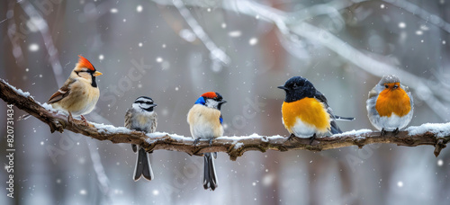 birds sitting on one branch, a sparrow brown and white, a finch black and yellow with blue tail feathers, a chickadee with a dark grey body, white belly and red head. The background is a blurred fores