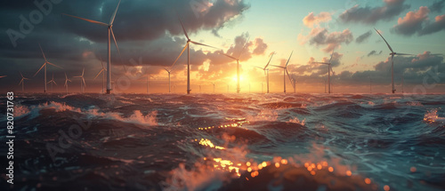 Wind turbines harnessing ocean breeze on coastal wind farm.