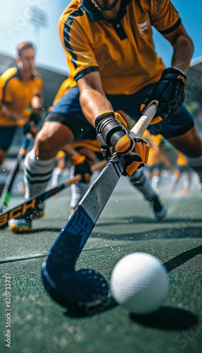 Field hockey player dribbling through defenders, displaying control in summer olympic games