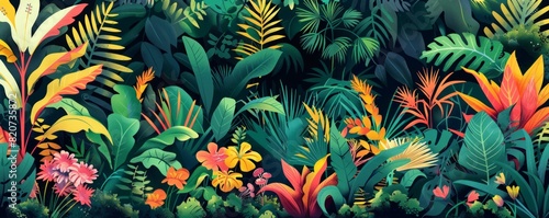 A bioengineered paradise where genetically-modified plants and animals thrive amidst lush greenery, their vibrant colors and exotic forms creating a mesmerizing tapestry of life. illustration.