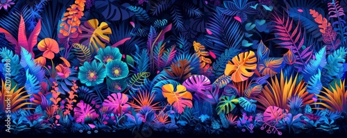 A bioengineered paradise where genetically-modified creatures roam amidst lush vegetation, their vibrant colors and exotic forms creating a mesmerizing tapestry of life. illustration.