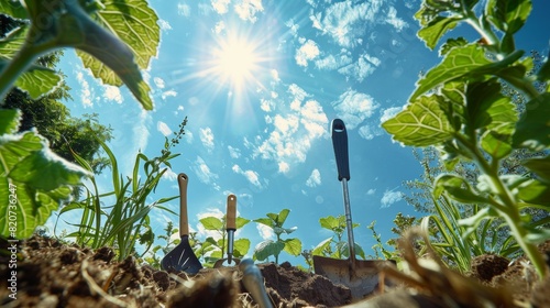 Set of agricultural tools on a fertile farm, seen from below, evoking paradise with rich vegetation and clear, bright skies