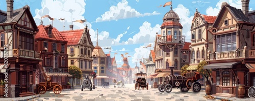 A steampunk city where cogs and gears adorn every surface, and steam-powered contraptions traverse the cobblestone streets. illustration