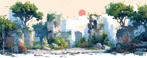 A post-human landscape reclaimed by nature, with overgrown ruins and crumbling infrastructure now home to a diverse array of flora and fauna. illustration.