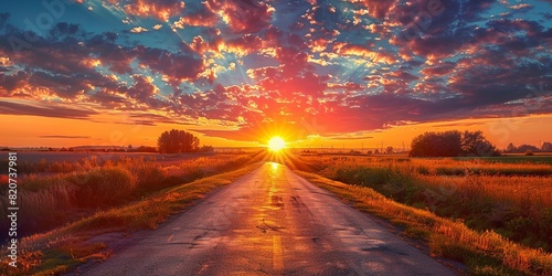 beautiful sun rising sky with asphalt highways road in rural sce illustration