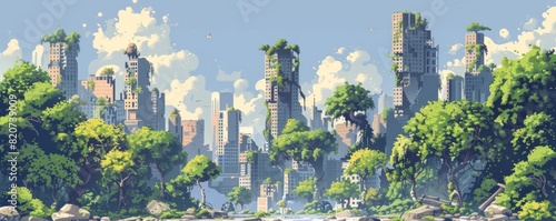 A post-human world reclaimed by nature, with overgrown ruins of once-great cities now inhabited by wildlife. illustration.