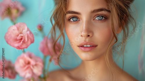 Beautiful young woman with clean fresh skin touching her face in flowers . Girl facial treatment . Cosmetology , beauty and spa . Female model, care concept