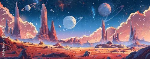 An alien landscape dotted with strange rock formations and towering spires, with a sky filled with multiple moons and swirling nebulae. illustration.