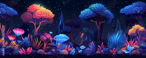 A bioluminescent forest aglow with vibrant hues, where enchanted flora and fauna thrive in the phosphorescent light, creating an otherworldly spectacle. illustration.