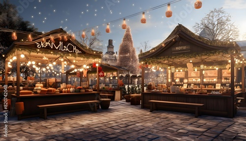 Christmas market in Gdansk, Poland. Panoramic image.