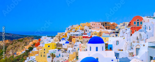 Oia, Santorini, Greece in cyclades island with colorful houses and blue church domes panorama banner