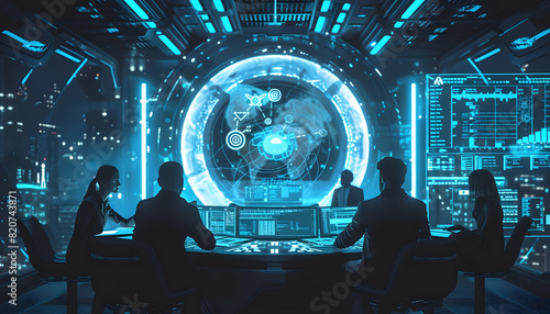 Clipart of a team meeting in a futuristic pod discussing projects with virtual screens and hologram Generative AI