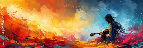 Woman playing guitar in fiery abstract art